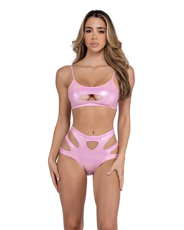 6449 – Metallic Iridescent Keyhole High-Waisted Shorts