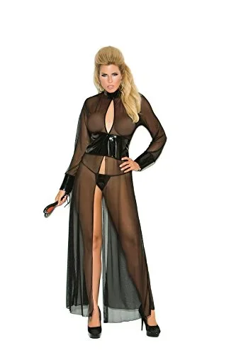Elegant Moments Plus Size Mesh & Vinyl Long Sleeve Gown & G-String 2Pc Set Only, Black, 3X