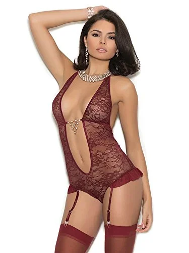 Lace Teddiette With Ultra Deep V Neckline And Rhinestone Front Detail Plus Size 2X