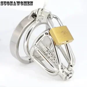 Mini Short Stainless Steel Metal Chastity Device Ring with Lock Belt with Tube