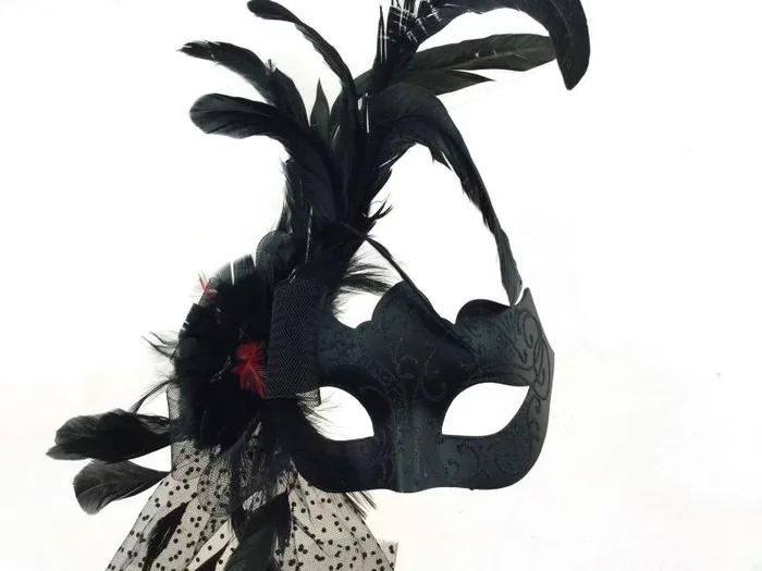 Venetian Mask with Feather Flower Aside – Black