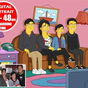 Yellow style cartoon portrait, creative personalized gifts, house warming gift, painting from photo, family portrait, bridal shower gift