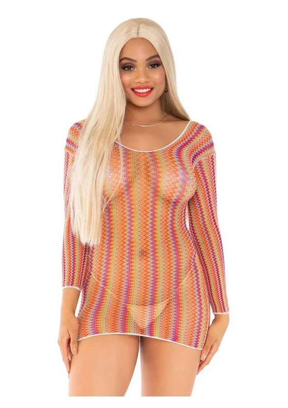 Zig Zag Rainbow Net Long Sleeve Mini Dress